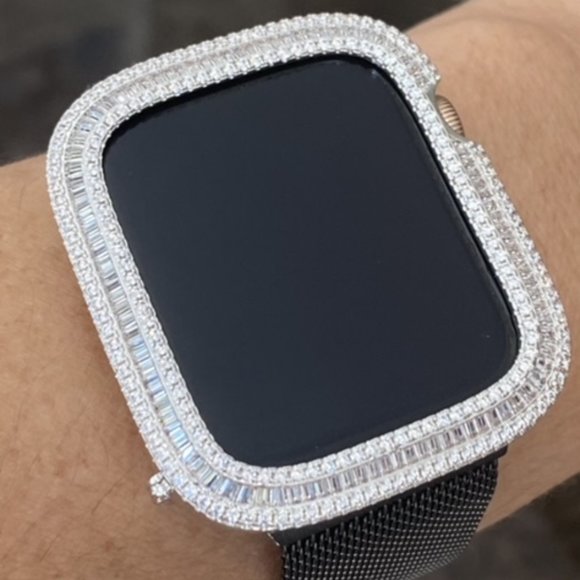 EMJ Bling Silver Apple Watch Baguette Zirconia Bezel Face Case Cover 40/44 mm - Picture 1 of 6